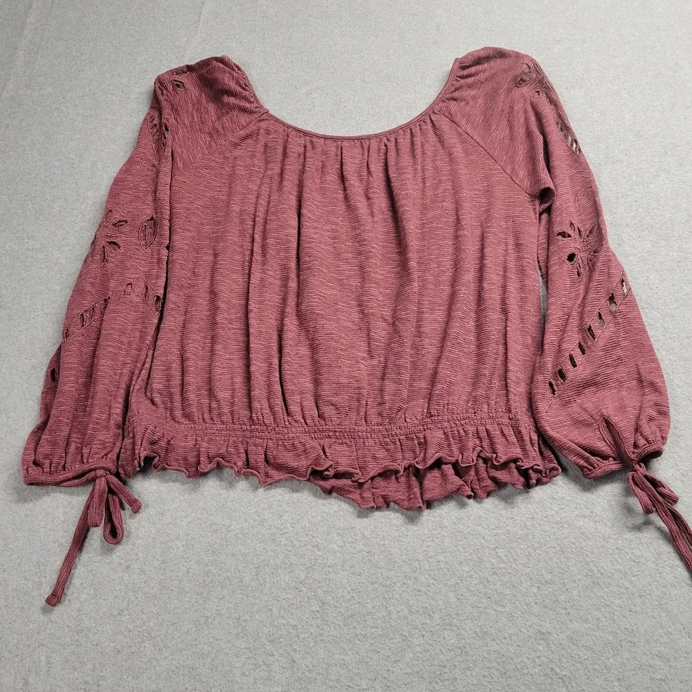 Free People Mauve Eyelet Cut Out Smocked Peplum Top Long Sleeve XS Boho